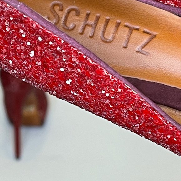 Schutz Stilletos Red Glitter Platform High Heels Lux Glam Party Shoes Size 5B - Picture 5 of 12